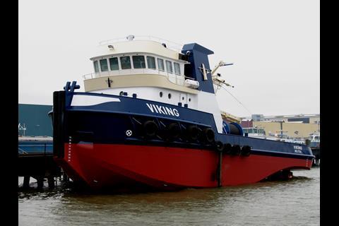 'Viking' during its launch depicts the raised forecastle and double chine construction.